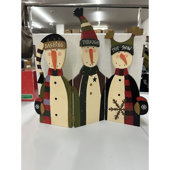 Wood Snowman Christmas Decor Triple Panel Folding Sign Dashing Through The‎ Snow - Picture 1 of 6